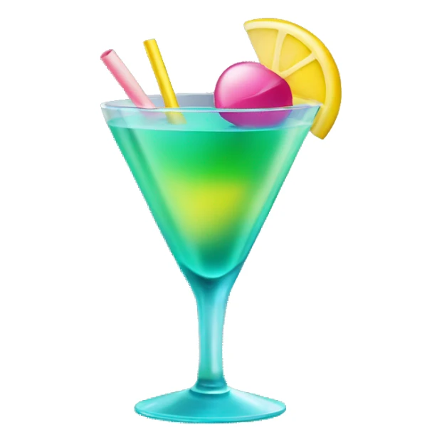 Bluish green cocktail with pink and yellow sticker