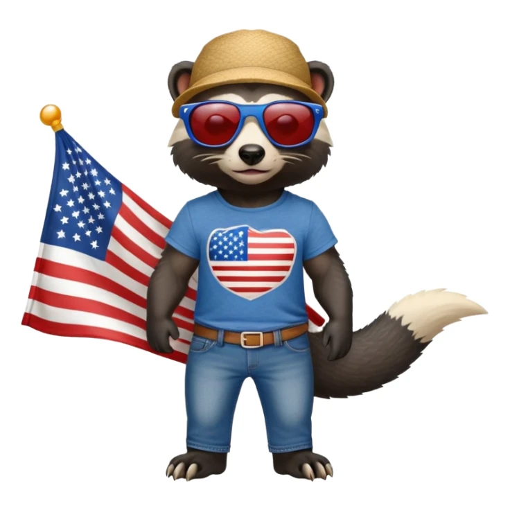 friendly anthropomorphised honey badger in jeans and a t-shirt, wearing sunglasses, dressed for USA Independence Day with red, white, and blue clothing sticker