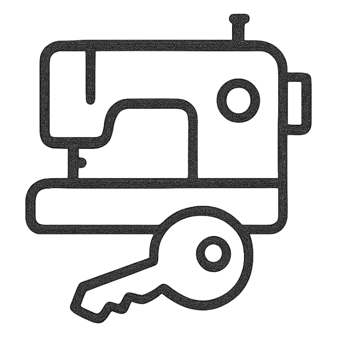 Google Material Design icon for 'Equipment Rental' showing a simple sewing machine with a key icon sticker