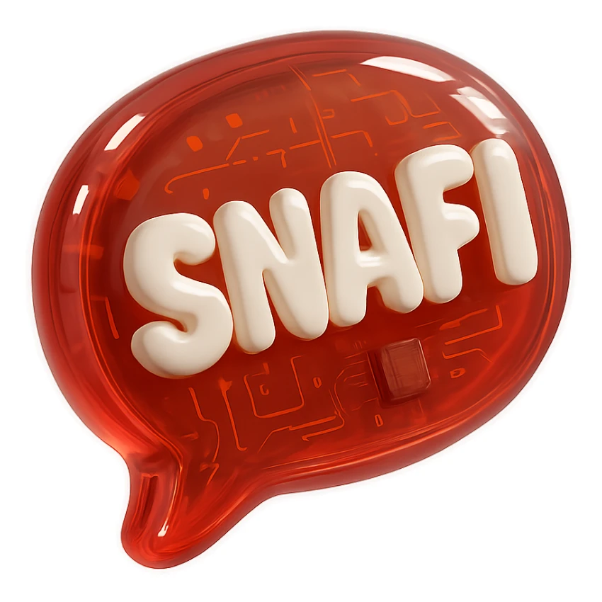 bold red emoji face bubble with the word SNAFI in white bubble font, text emoji style, glossy shine sticker