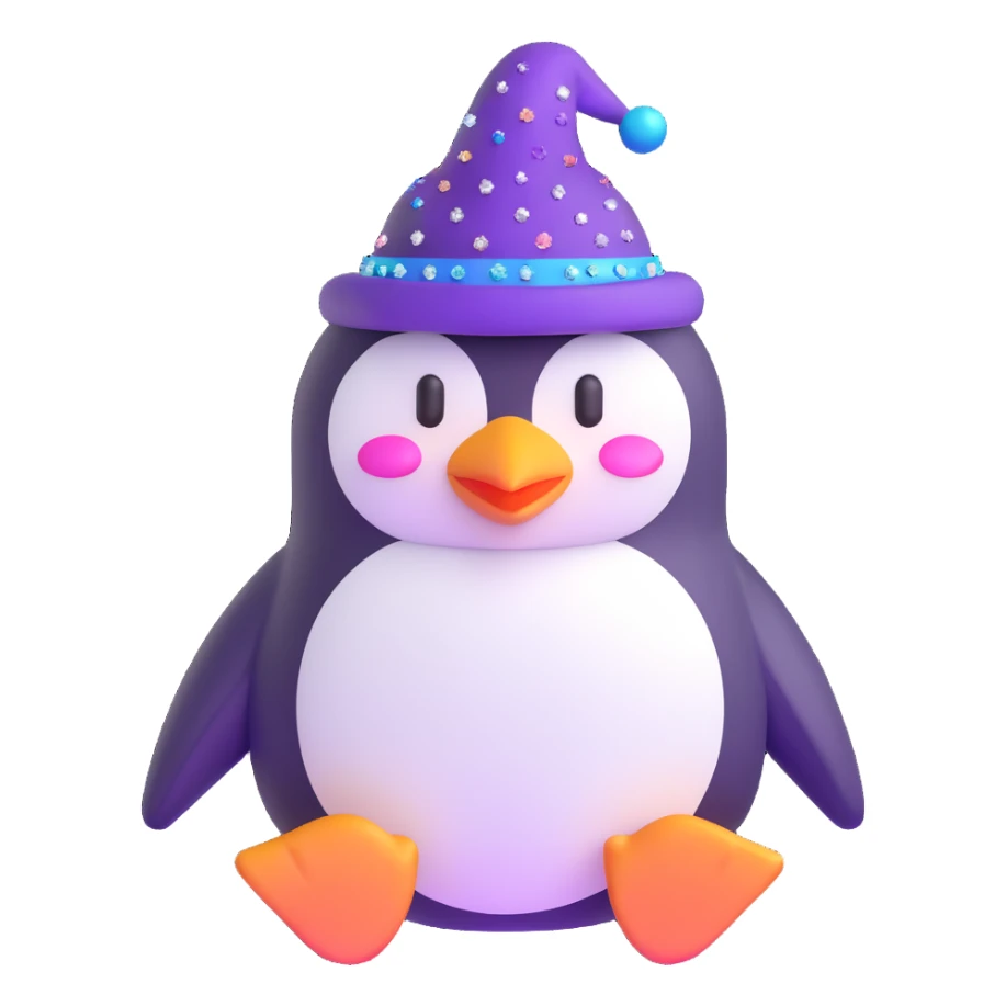 3D emoji-style penguin wizard with a purple hat and sparkles around it sticker