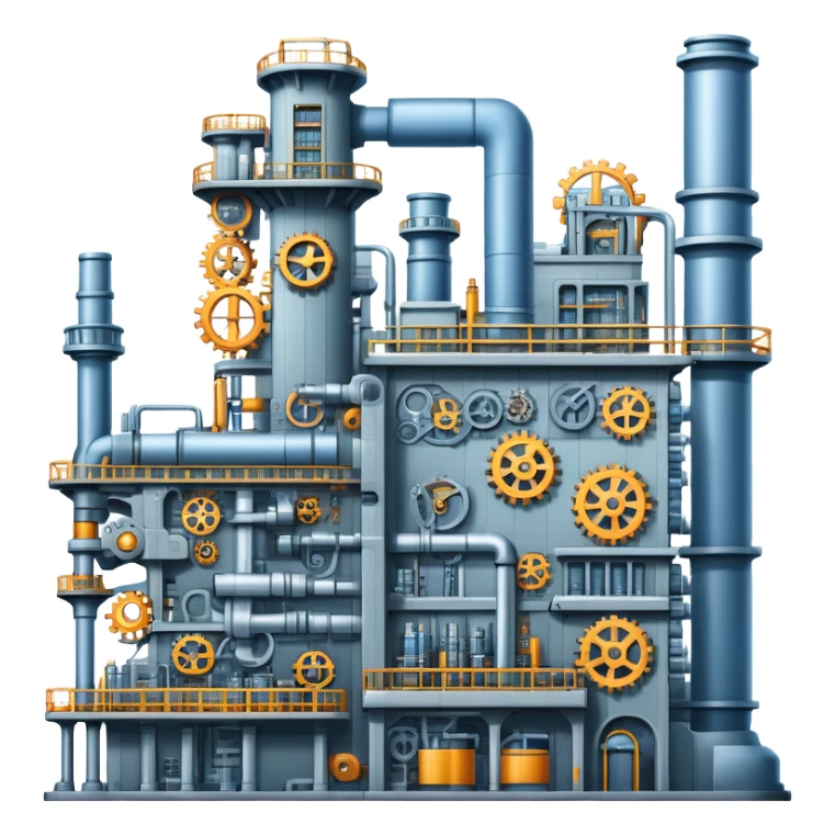 An icon featuring a giant factory with industrial machines and assembly lines, symbolizing mechanical engineering. The design includes gears, robotic arms, and blueprints, representing the creation of machinery and complex systems. Transparent background highlights innovation in manufacturing sticker