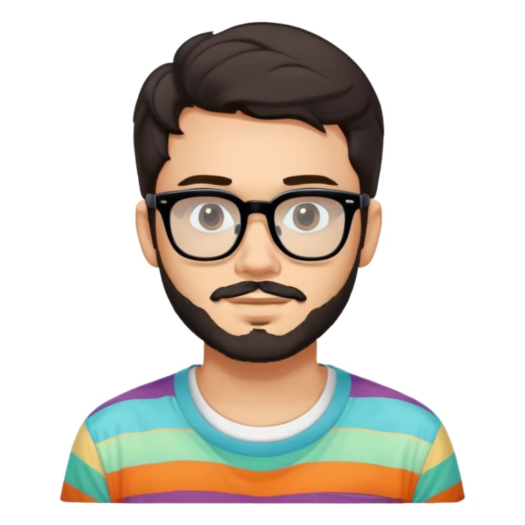 young adult man with light skin, short beard, dark wavy hair, relaxed expression, very wide rectangular glasses with thick black acetate frame and thick double bridge, retro oversized style, colorful open shirt and white t-shirt sticker