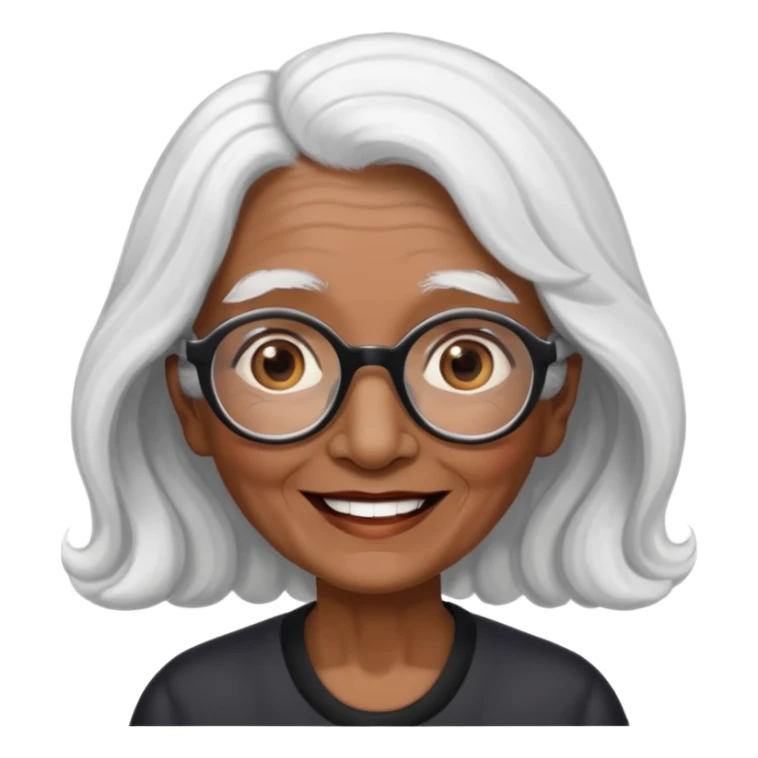 old lady long face with soft waves white hair, dark brown skin, and large brown eyes, wearing black-rimmed glasses, with a friendly smile sticker