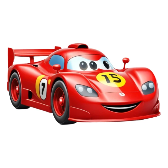 A red toy race car with a happy smiling face on the front sticker