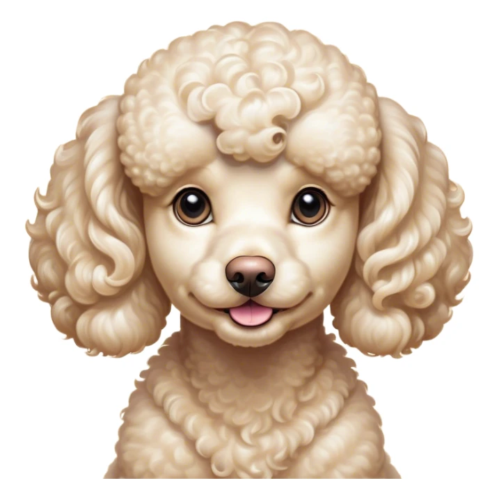 Cinematic Cute Cream Poodle Portrait Emoji, Head tilted playfully and inquisitively, showcasing a bouncy, curly cream Fur with a luminous sheen, round, sparkling warm eyes filled with curiosity, Simplified yet irresistibly adorable features, highly detailed, glowing with a warm, friendly glow, high shine, affectionate and lively, stylized with a touch of whimsy, bright and endearing, soft glowing outline, capturing the essence of a mischievous yet loving companion, so playful it feels like it could bounce out of the screen and into your arms! sticker