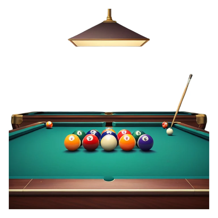 A billiard table with colorful balls arranged in a triangle, and a cue stick poised to break. The scene is set in a dimly lit room, with focused lighting highlighting the balls and table, emphasizing skill, precision, and strategy in the game of pool. sticker