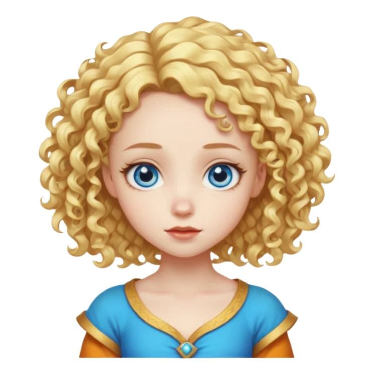 Cute fantasy character head with a large forehead, big bright blue eyes, and short, voluminous golden blond curly hair. Stylized, colorful, cartoon look focused on cuteness. sticker
