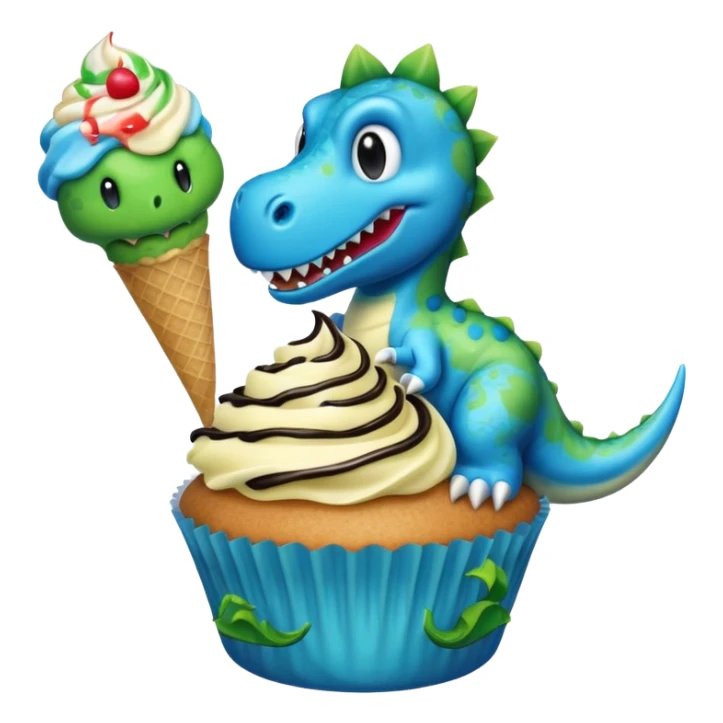 A cupcake having blue and black icing and a dinosaur as a decoration and ice cream next to it sticker