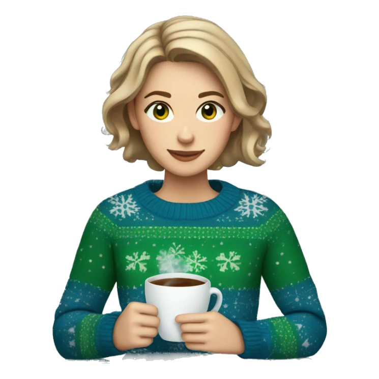 Light brown short haired girl with green eyes drinking coffee wearing blue Christmas sweater sticker