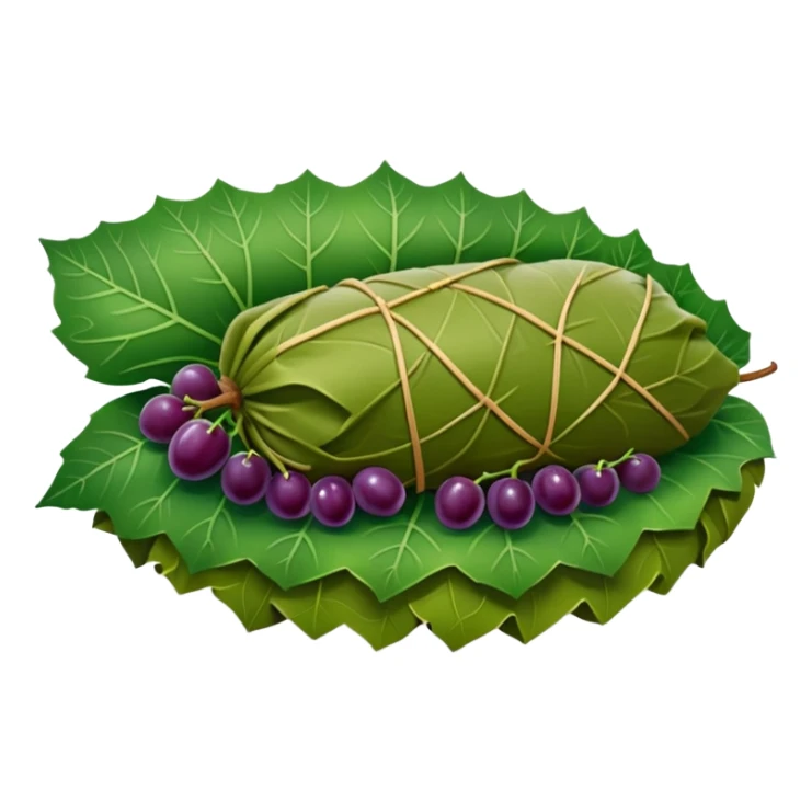 single Turkish dolma wrapped in grape leaf, cut open to show rice filling sticker