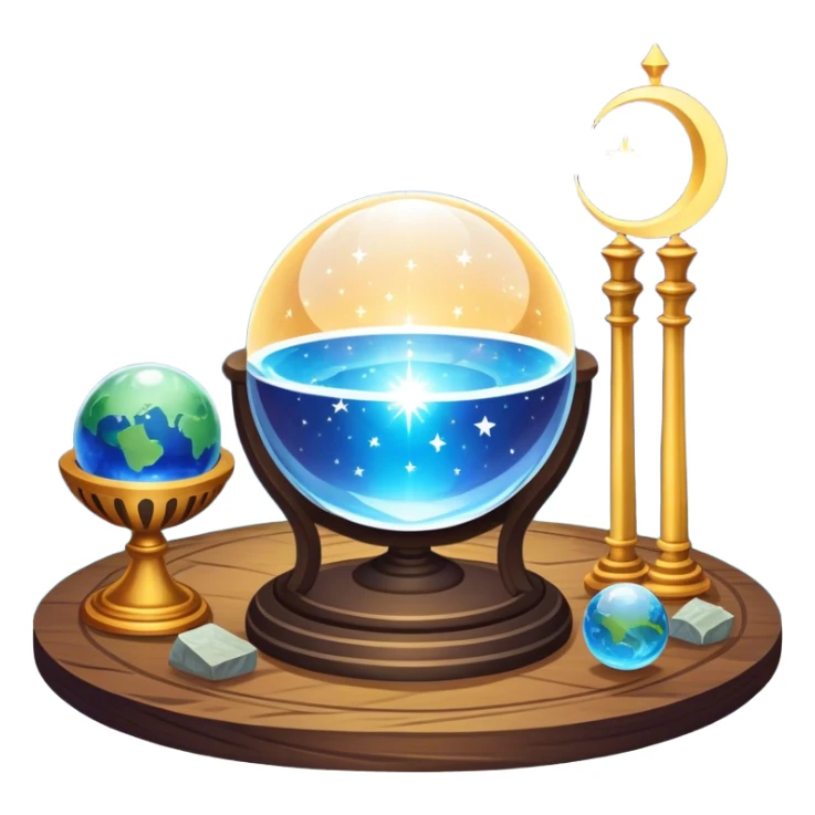 a mystical icon featuring a crystal ball (fortune-telling sphere) on a table with tarot cards scattered around. Surround the scene with planets, stars, and zodiac signs. The design is vibrant, magical, and evoke a sense of mystery and spirituality, with glowing effects and a cosmic atmosphere. sticker