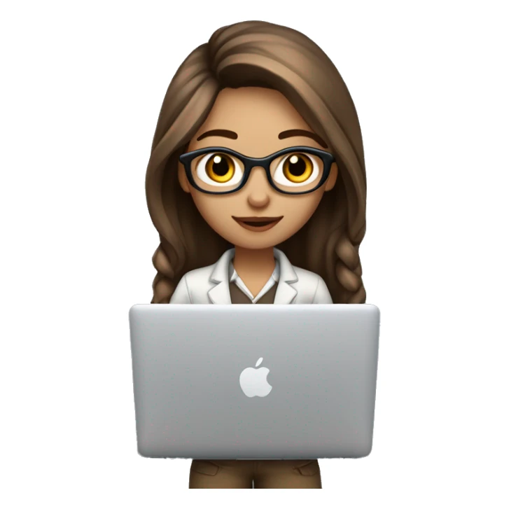 Beautiful programmer girl with brown highlight streaks hair working with MacBook, with brown eyes and facing towards me, not a side angle also, having a smile and wearing nice clothes professional  sticker
