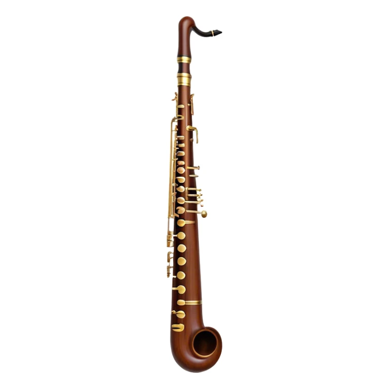 Create an emoji representing a professional bassoon. The design should feature the sleek wooden body of the bassoon with its rich wood tones, showing the intricate keywork and metal springs. The metal tubing of the instrument should be clearly visible, with polished brass accents. Highlight the bell and the distinctive, straight shape of the instrument. The mouthpiece and reed should be visible at the top, emphasizing the functional details. Use warm wood tones like dark brown, with gold and brass accents for the keys and fittings. Add soft musical notes or soundwaves to represent the deep, resonant sound of the bassoon. The background should be transparent. sticker