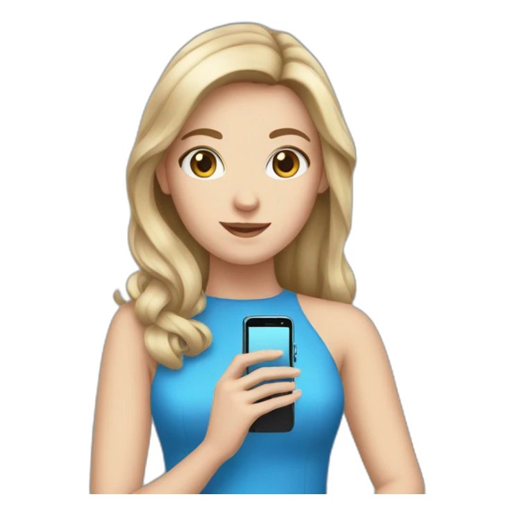 a white girl in a blue dress holding a cell phone sticker