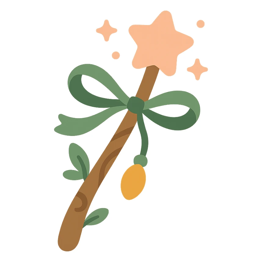 "A cute and magical wand with an elegant, whimsical design, incorporating a color palette of golden orange (FA9B41), forest green (4A7C5C), soft taupe brown (96775A), and pastel peach (FFCC9A). The wand is slender and slightly curved, made of smooth wood with delicate carvings. At the top, there's a glowing gem or star in peachy tones, surrounded by tiny sparkles. Decorative elements like a ribbon, tiny leaves, or a small charm add a cozy, storybook-like charm. The overall look is gentle, enchanting, and magical, perfect for a forest fairy or a kindhearted young wizard." sticker