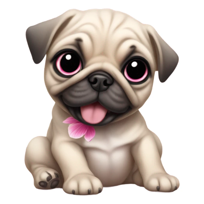 Baby pug playing with a flower pink eyes  sticker