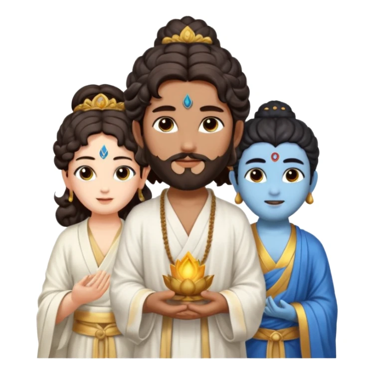 Create a Jesus - long wavy dark-brown hair, short beard, wearing a simple white robe., Krishna- blue skin with dark curled hair , and Buddha standing together. Buddha: warm golden or light tan skin, dark curled hair with a traditional top bun (ushnisha)

 sticker