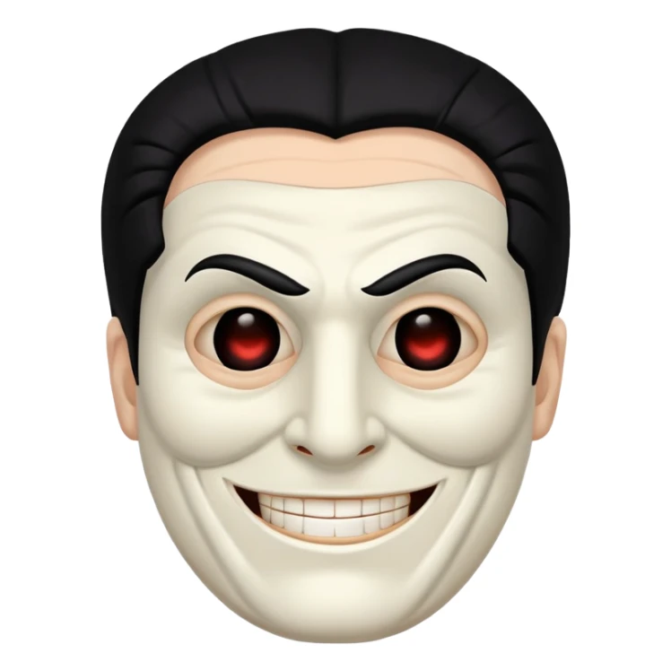 full face masked man, evil, serial killer, creepy, black hair, older, shoulders, smiling, hollow eyes sticker