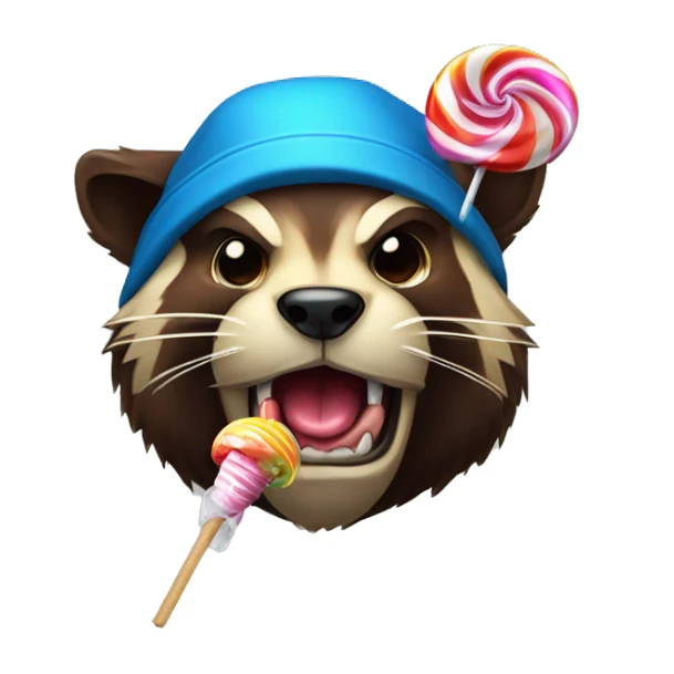 Wolverine animal licking a lolipop with a multicolored propeller hat sticker