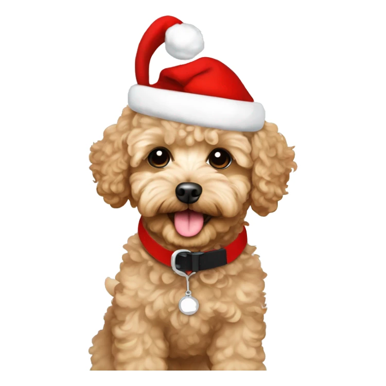 Cute tan curly Maltipoo with Santa hat and collar that says Milo  sticker