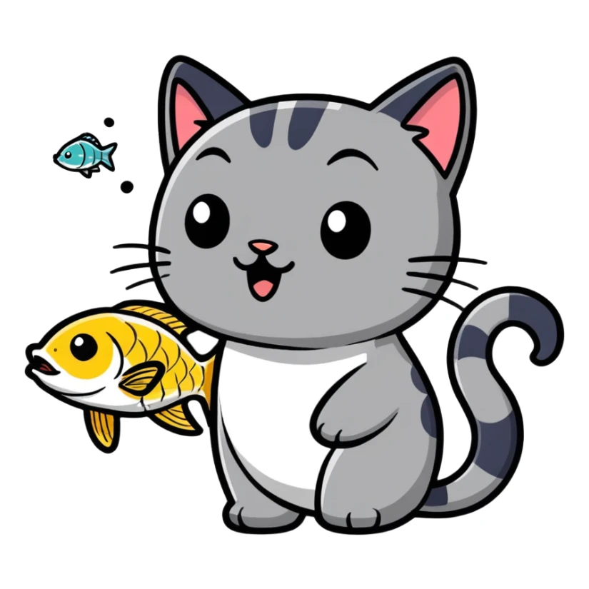 cat with fish in mouth cartoon style sticker
