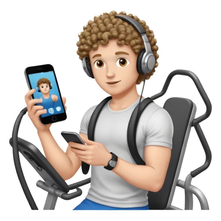 Curly haired white Boy holding phone, headphones on at gym sticker
