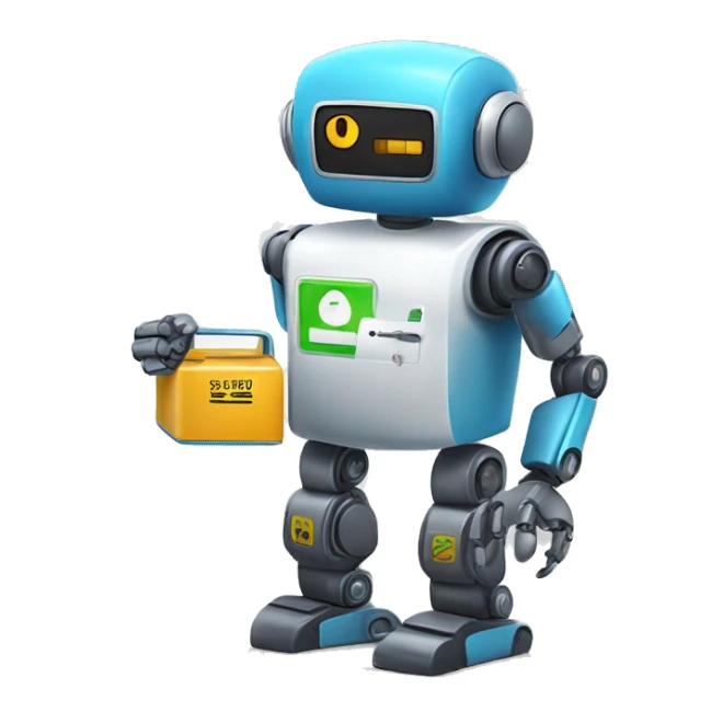 call center robot looks like friendly robot with a battery icon on his chest (he's working for a battery shop) sticker