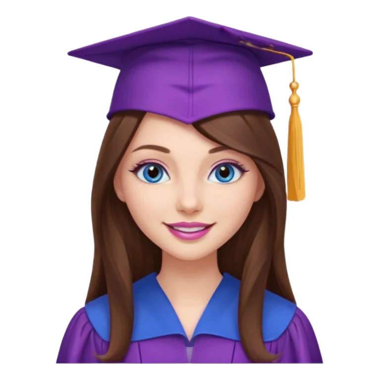 girl with beautiful extremely long brown hair, blue eyes, long lashes makeup, sexy pink lips, wearing a purple graduation cap and gown sticker