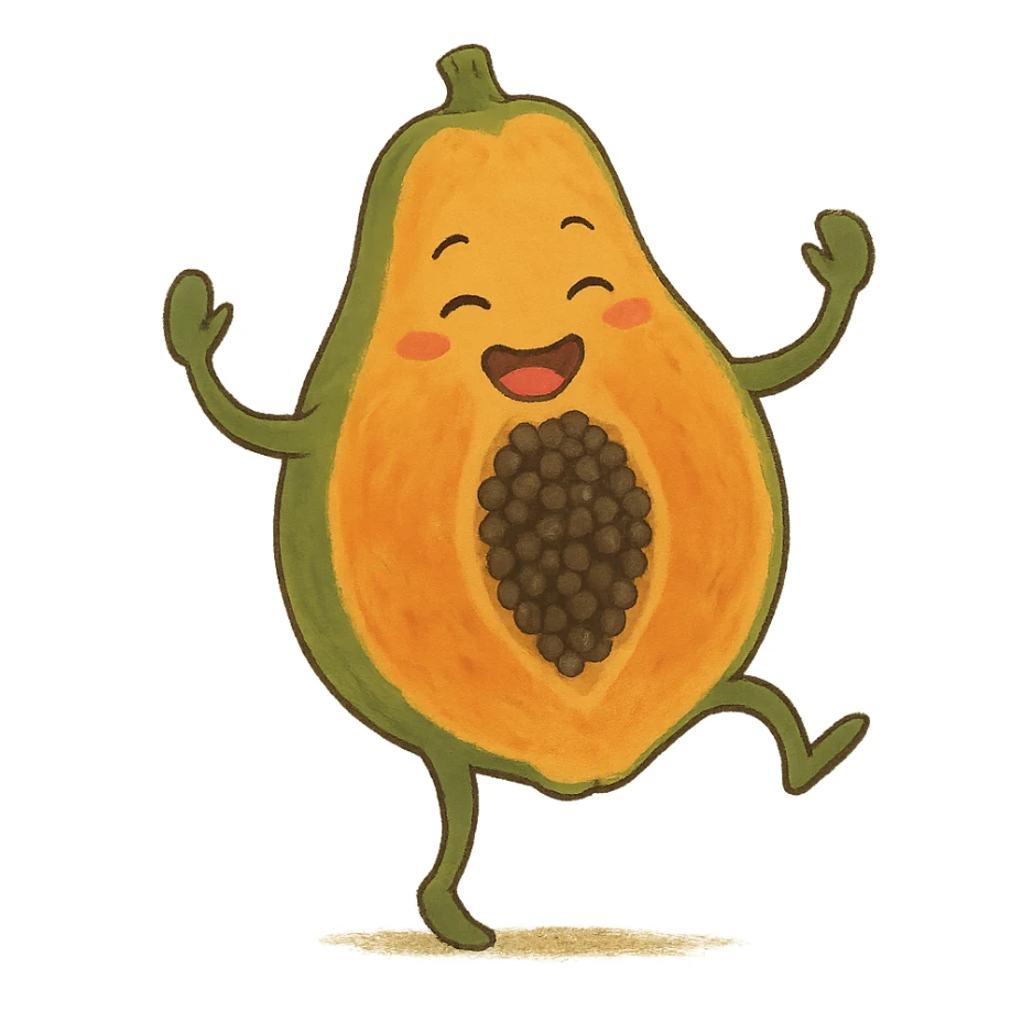 dancing papaya fruit character, ghibli style, lively and cute sticker