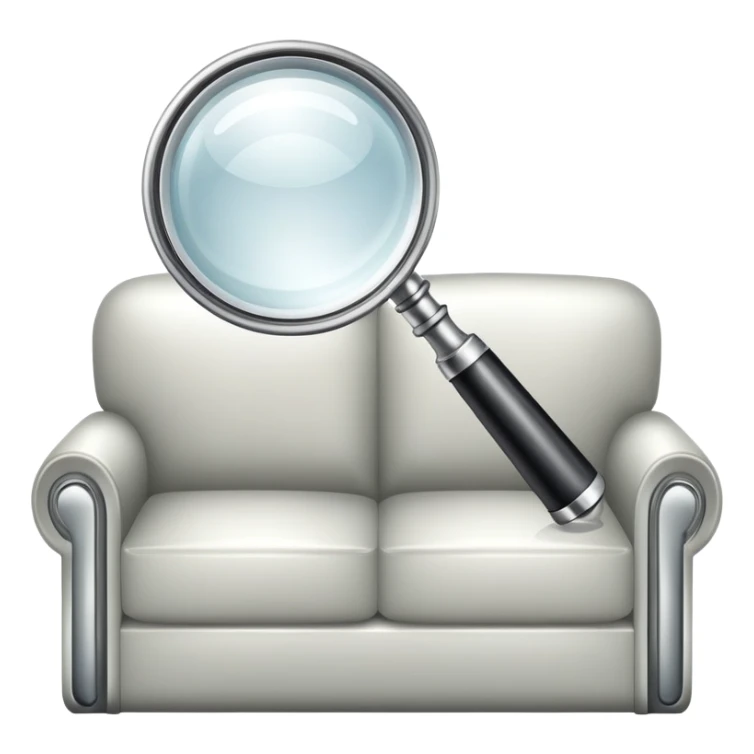 first-person view of a magnifying glass in foreground with a couch visible through the lens, furniture inspection sticker
