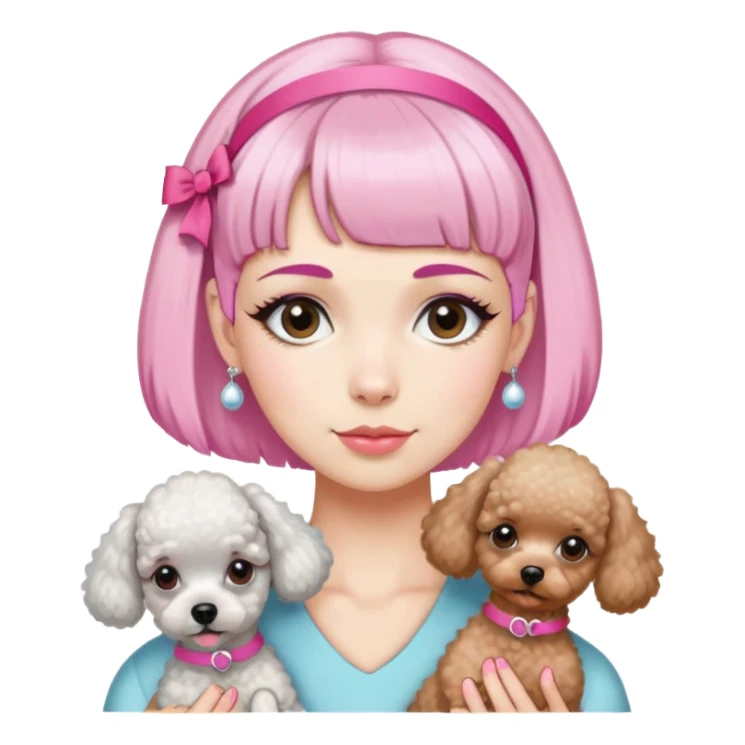 short pixie bangs platinated woman pink hair band，fair-skinned ,no earringsholding two poodles sticker