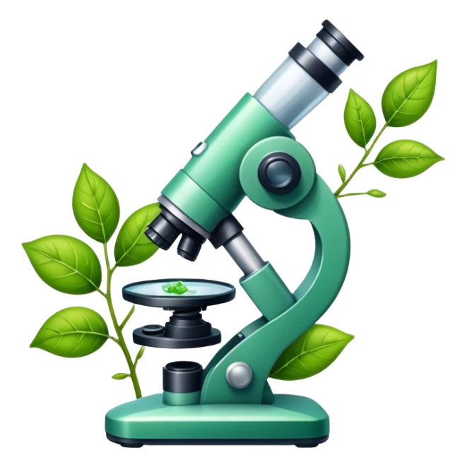 An icon featuring a DNA strand, a microscope with visible cells, and a green leaf, symbolizing biology. The design includes animal cells, plant structures, representing the study of living organisms and ecosystems. Transparent background highlights life sciences and biological research. sticker