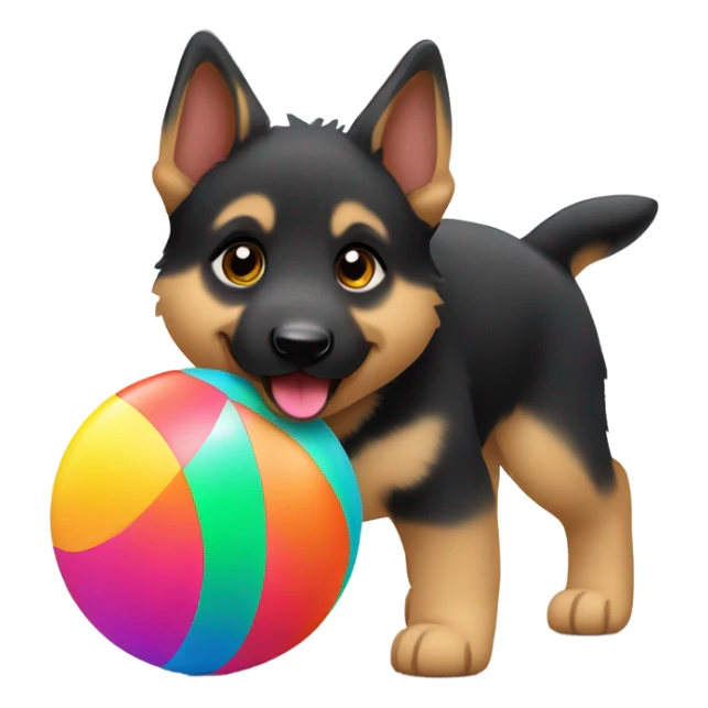 A German shepherd puppy walks with a ball sticker