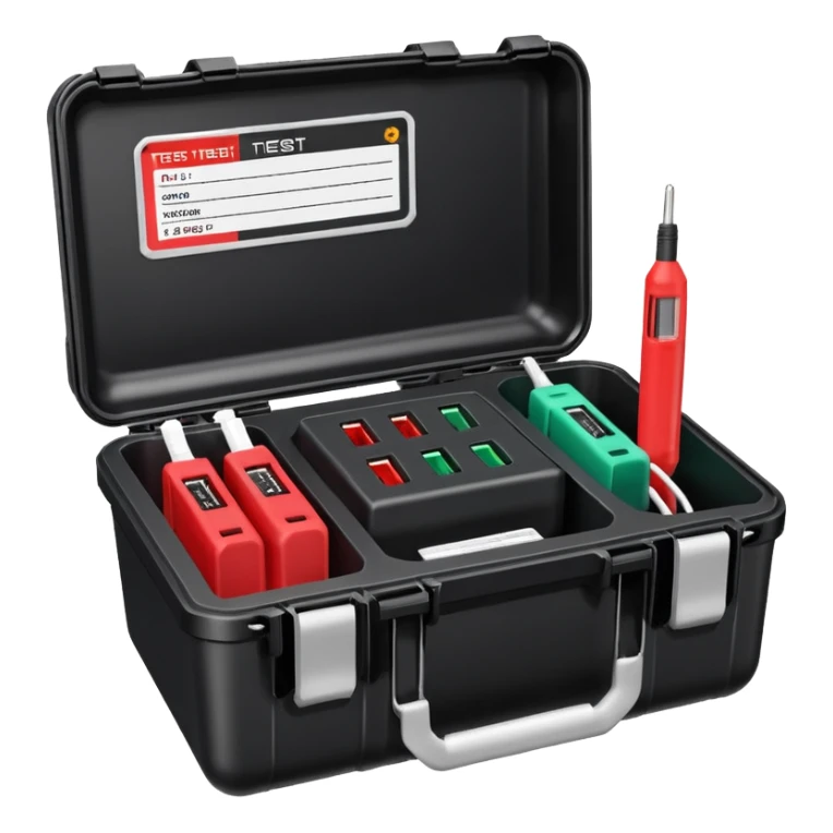 An open black hard-shell test case, inside: a power outlet, USB port, and colored test sockets. A large roll of white test labels lies next to the equipment, along with a red test probe. sticker
