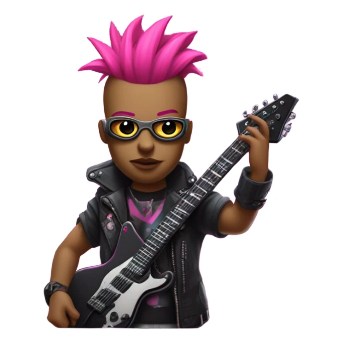 cyberpunk rockstar, pink mohawk, pink mechanical sci-fi electric guitar, close up view sticker