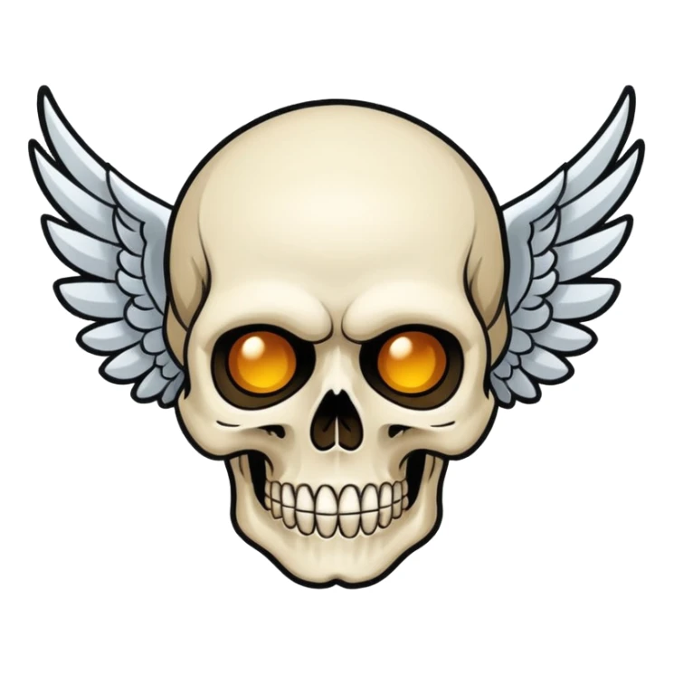 Create an emoji depicting a skull with wings, This image should be rendered in a bold, graphic novel style, capturing the raw intensity and artistry synonymous with Avenged Sevenfold.  sticker