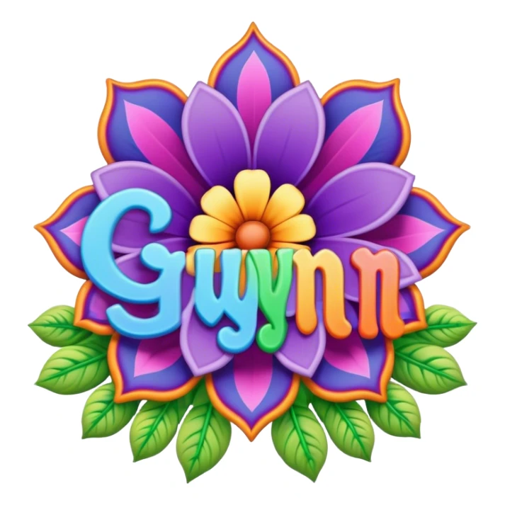 3D, gothic style psychedelic colored word “Gwynn” with hippie style flower border sticker