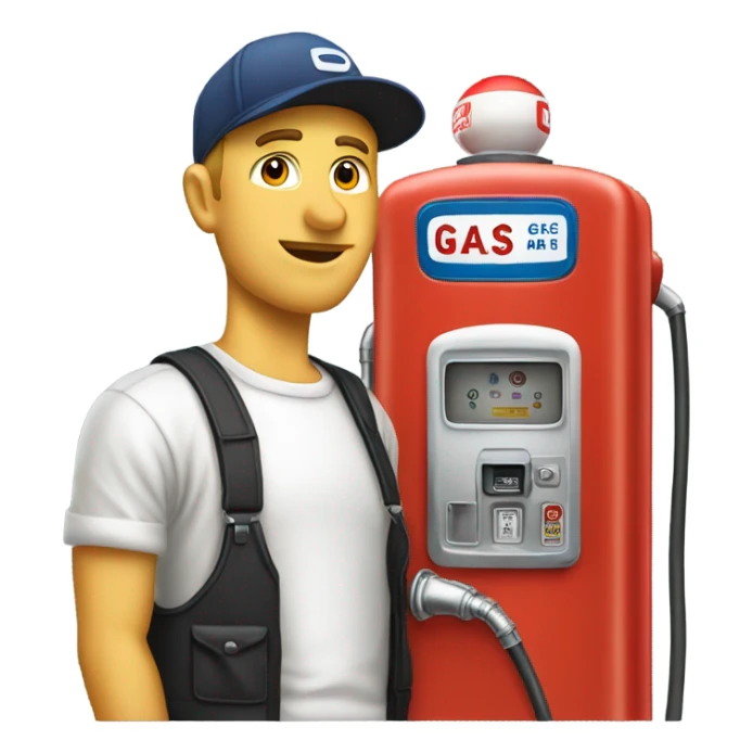 White man with ballcap standing next to vintage gas pump sticker