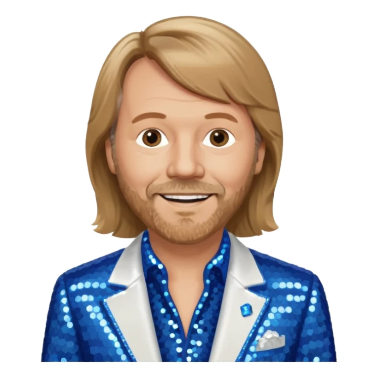 Benny Andersson from ABBA with light brown hair, blue sequin shirt, white sequin suit jacket sticker