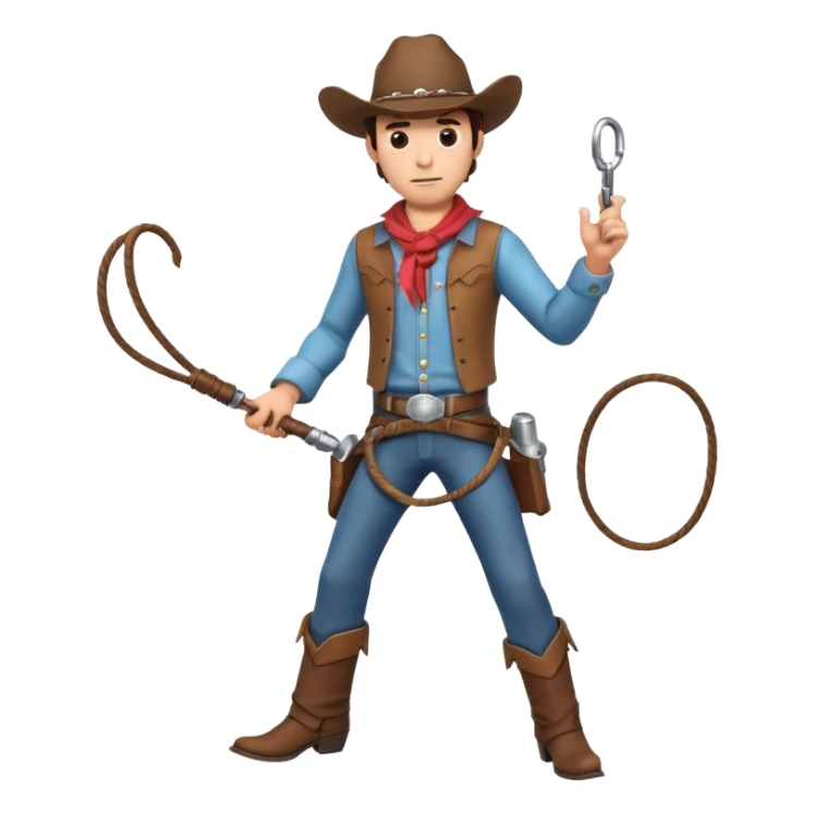cowboy man holding a whip, dynamic pose, western outfit, adventure vibe, 3D cartoon, mobile game icon style, clean background, no text, no watermark
 sticker