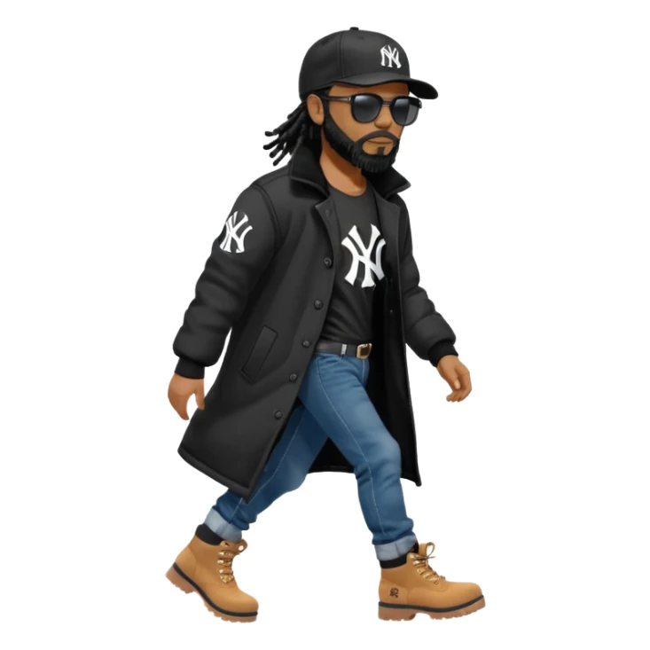 African American man with shoulder length black dreadlocks with black beard wearing black sunglasses wearing a black New York Yankees logo baseball cap wearing a black bubble winter coat with denim skinny jeans and timberland boots walking with hand out sticker