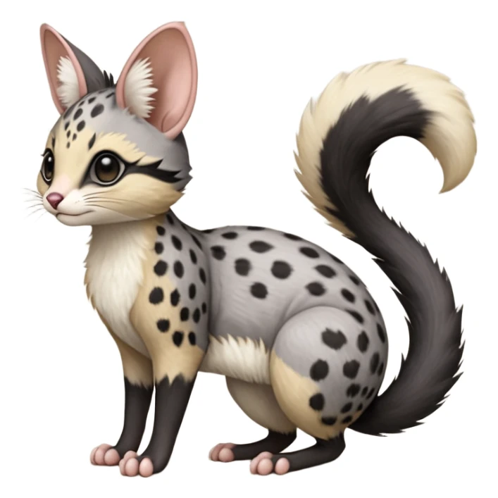 Black, soft realistic romantic vintage antique divine beautiful elegant pretty precious cute young youthful  Fakémon-Pokémon-opossum-feline-mouse-serval-caracal-chinchilla-Minccino-Cinccino-Meowstic-rodent-hybrid-creature with a tufted tail (full body) sticker