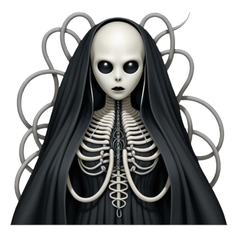 organic black wires merging into a monstrous occult creature, draped in black rags and bondage, Giger-esque sticker