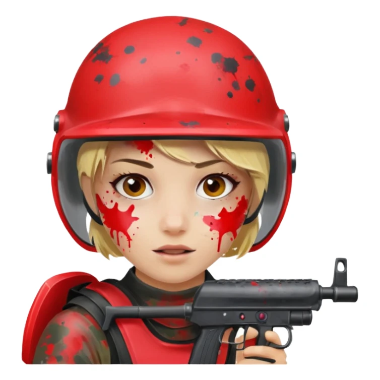 blond girl playing paintball with red paintball helmet, only face sticker