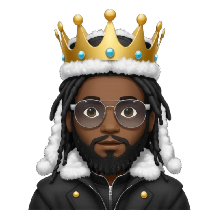 African American man with beardwith shoulder length black dreadlocks wearing black sunglasses with black bubble winter coat weariring a crown on his head sticker