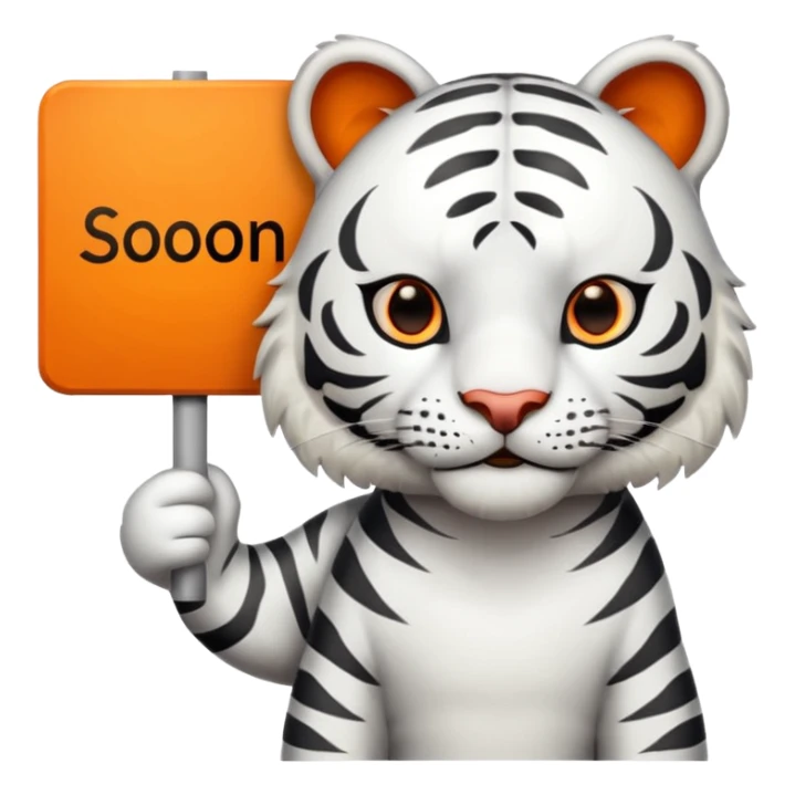 White Tiger. He is holding a sign with SOON - written on it. Let him have 4 paws, not more. sticker
