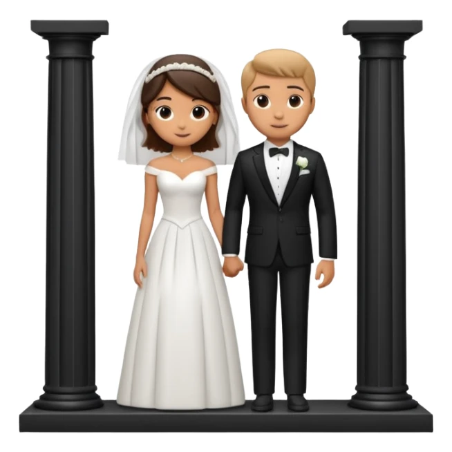 A 3D cartoon photo frame showing a formal courthouse wedding scene with a bride and groom standing together in front of white columns, neutral background, elegant lighting, realistic Memoji-style. sticker