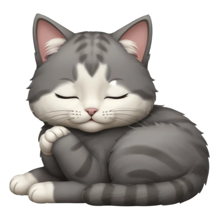 dark grey and white small cat with closed eyes, leaning his head on his paw while leaning on his elbow lying down sticker