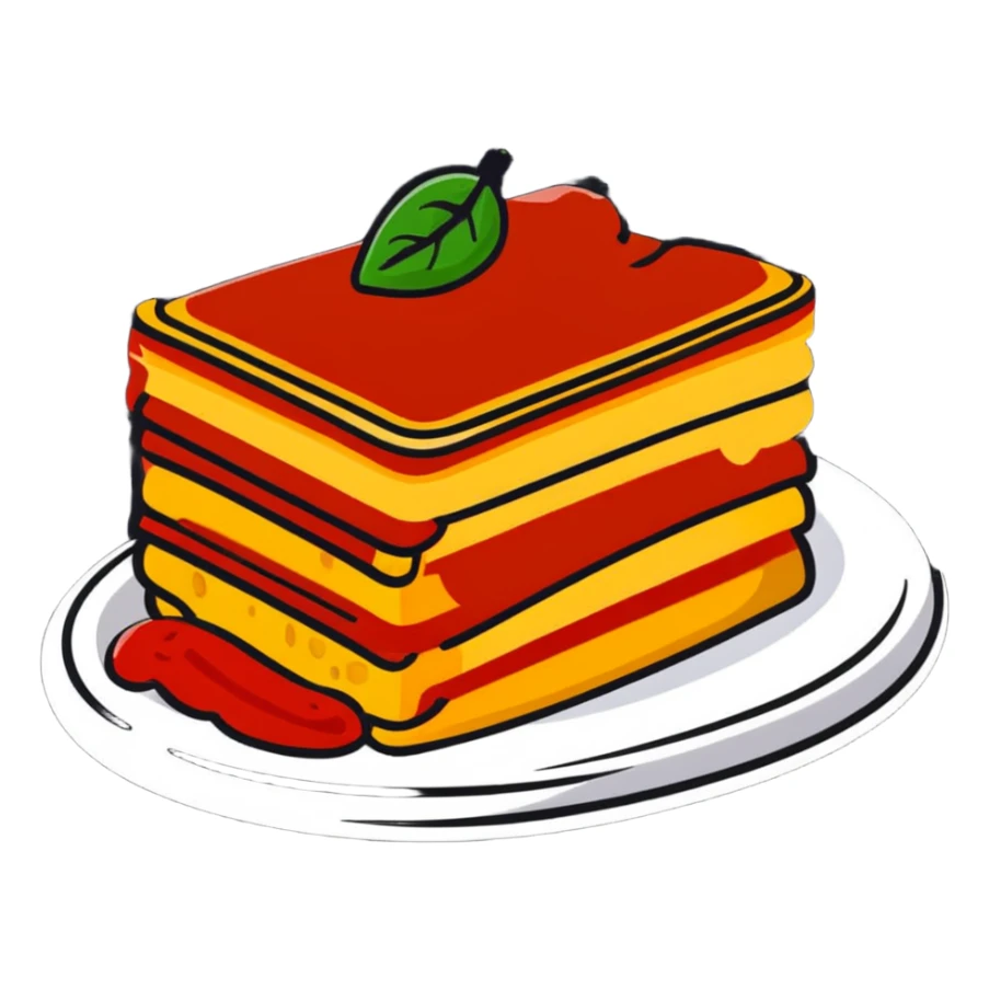 A slice of lasagna with cheese pulling and tomato sauce visible between layers sticker